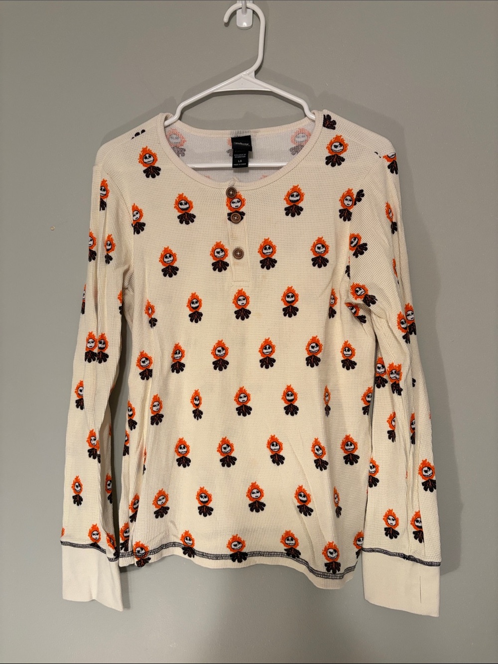 Waffle Knit Long-Sleeve Henley Top in Cream with Nightmare Before Christmas